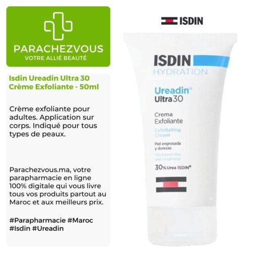Produit de la marque Isdin Ureadin Ultra 30 Crème Exfoliante - 50ml sur un fond blanc, vert et gris avec un logo Parachezvous et celui de la marque ISDIN ainsi qu'une description qui détail les informations du produit