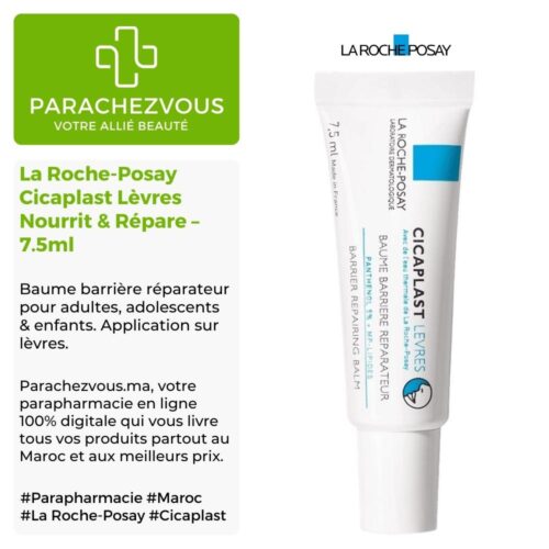 Produit de la marque La Roche-Posay Cicaplast Lèvres Nourrit & Répare - 7.5ml sur un fond blanc avec un logo Parachezvous et celui de de la marque La Roche-Posay