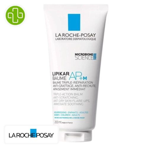 Produit de la marque La Roche-Posay Lipikar Baume Ap+M Anti-Grattage Apaisant – 200ml sur un fond blanc avec un logo Parachezvous et celui de de la marque La Roche-Posay