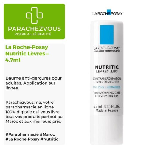 Produit de la marque La Roche-Posay Nutritic Lèvres - 4.7ml sur un fond blanc, vert et gris avec un logo Parachezvous et celui de la marque La Roche-Posay ainsi qu'une description qui détail les informations du produit