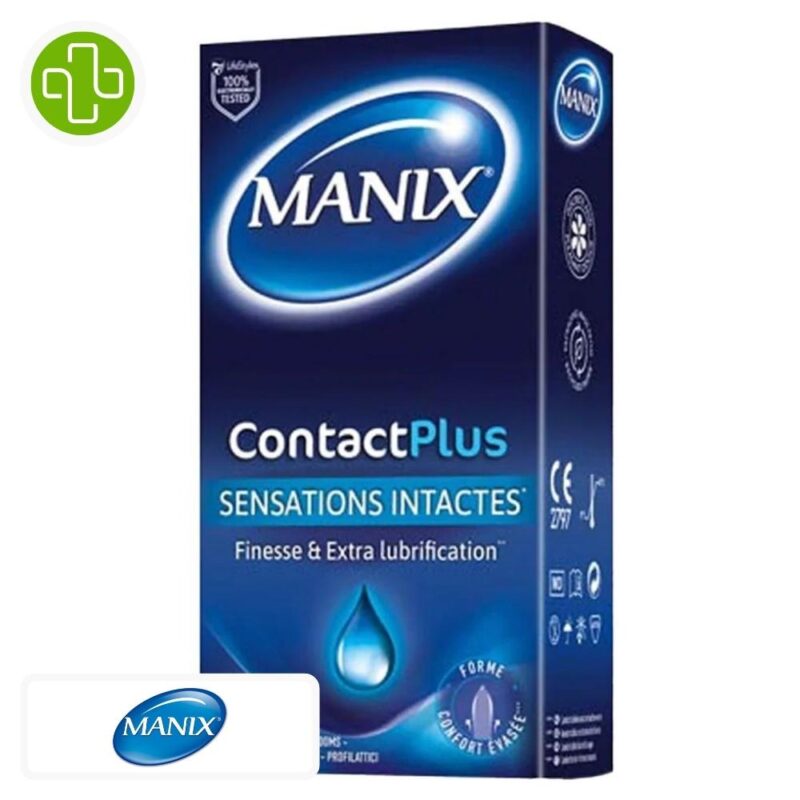 Produit de la marque Manix Contact Préservatifs Sensations Intactes - 12 unités sur un fond blanc avec un logo Parachezvous et celui de de la marque Manix