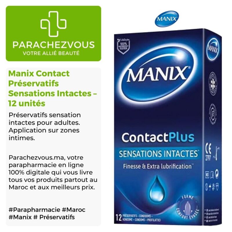Produit de la marque Manix Contact Préservatifs Sensations Intactes - 12 unités sur un fond blanc, vert et gris avec un logo Parachezvous et celui de la marque Manix ainsi qu'une description qui détail les informations du produit