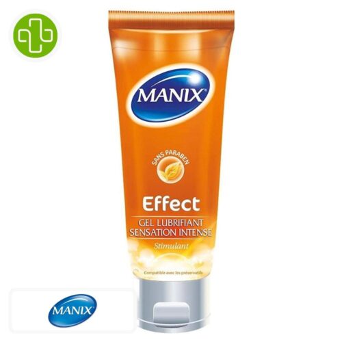 Produit de la marque manix effect gel lubrifiant stimulant sensations intenses - 80ml sur un fond blanc avec un logo parachezvous et celui de de la marque manix