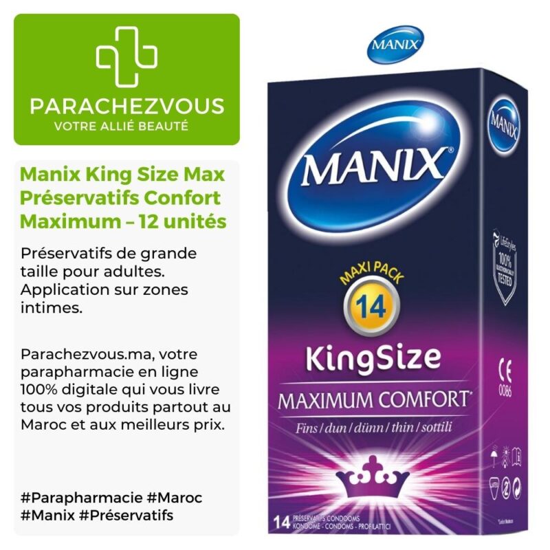 Produit de la marque manix king size max préservatifs confort maximum - 12 unités sur un fond blanc, vert et gris avec un logo parachezvous et celui de la marque manix ainsi qu'une description qui détail les informations du produit
