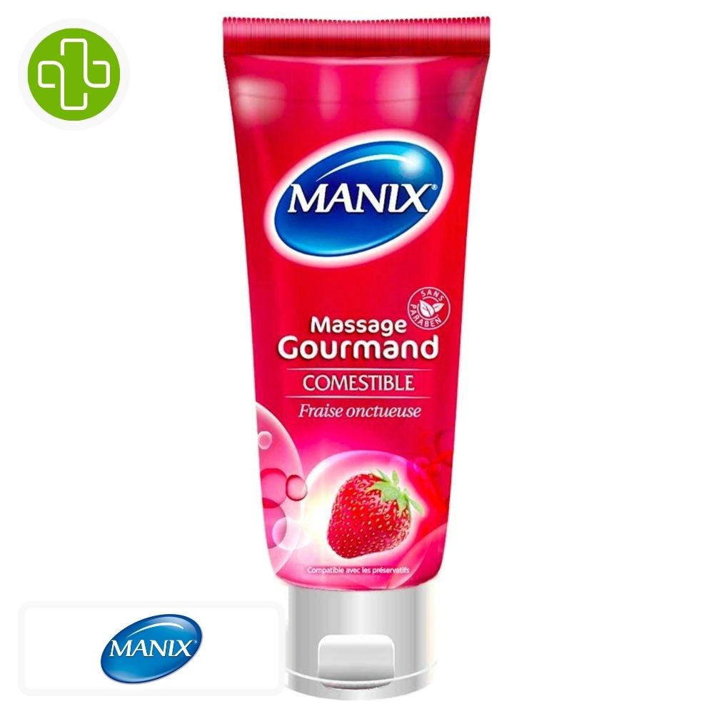 Produit de la marque manix massage gourmand comestible fraise - 200ml sur un fond blanc avec un logo parachezvous et celui de de la marque manix