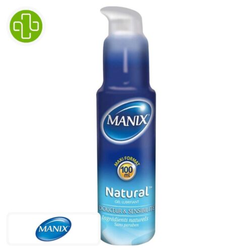 Produit de la marque Manix Natural Gel Lubrifiant Douceur & Sensibilité - 100ml sur un fond blanc avec un logo Parachezvous et celui de de la marque Manix
