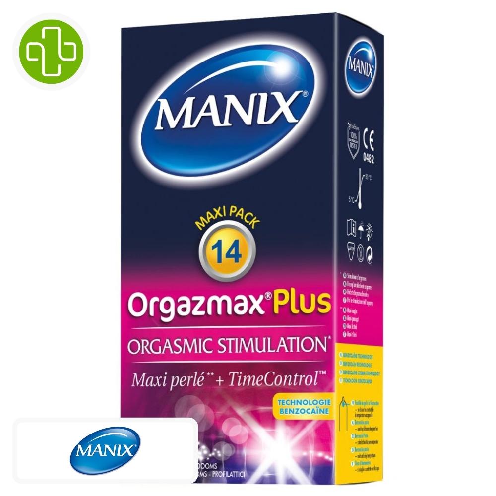 Produit de la marque manix orgazmaxplus préservatifs perlés timecontrol stimulation orgasmique - 14 unités sur un fond blanc avec un logo parachezvous et celui de de la marque manix
