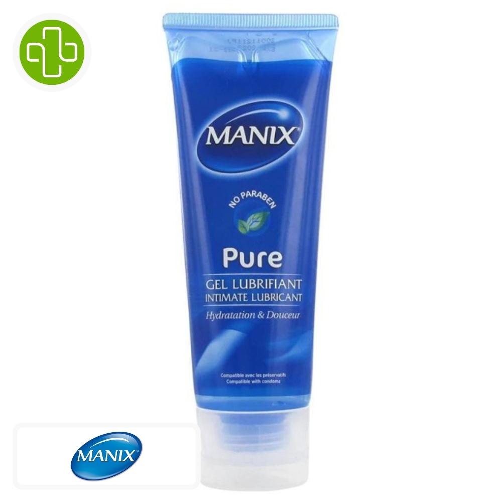 Produit de la marque manix pure gel lubrifiant hydratation & douceur - 80ml sur un fond blanc avec un logo parachezvous et celui de de la marque manix