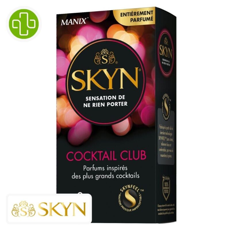 Produit de la marque manix skyn cocktail club préservatifs parfumés - 9 unités sur un fond blanc avec un logo parachezvous et celui de de la marque skyn