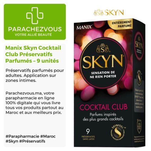 Produit de la marque Manix Skyn Cocktail Club Préservatifs Parfumés - 9 unités sur un fond blanc, vert et gris avec un logo Parachezvous et celui de la marque Skyn ainsi qu'une description qui détail les informations du produit