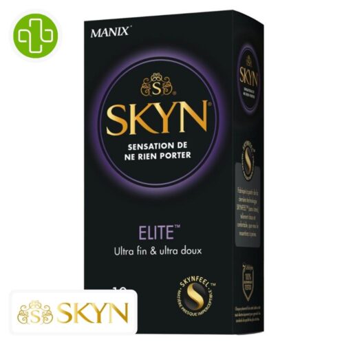 Produit de la marque Manix Skyn Elite Préservatifs Ultra-Fins & Ultra-Doux - 10 unités sur un fond blanc avec un logo Parachezvous et celui de de la marque Skyn