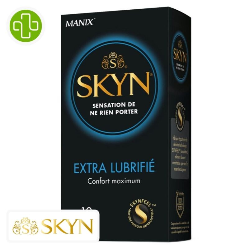 Produit de la marque manix skyn extra lubrifié préservatifs confort maximum - 10 unités sur un fond blanc avec un logo parachezvous et celui de de la marque skyn