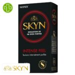 Produit de la marque Manix Skyn Intense Feel Préservatifs Perlés - 10 unités sur un fond blanc avec un logo Parachezvous et celui de de la marque Skyn