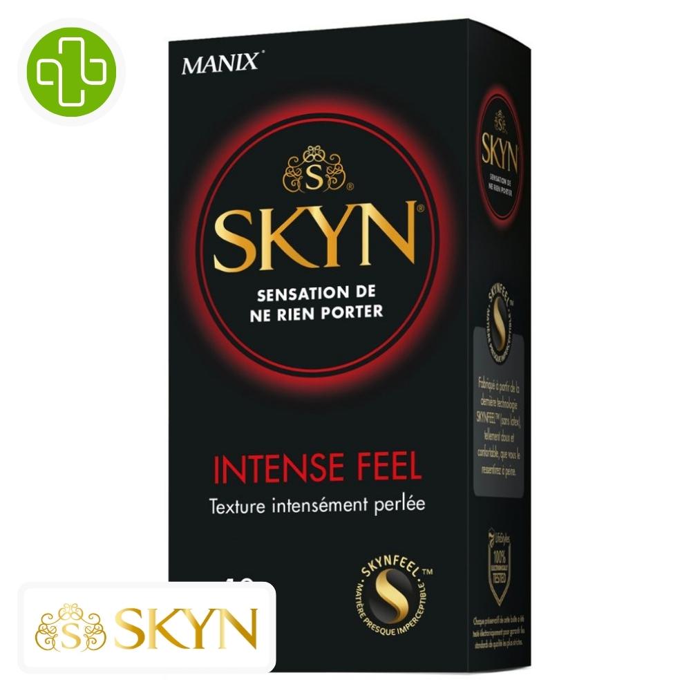 Produit de la marque manix skyn intense feel préservatifs perlés - 10 unités sur un fond blanc avec un logo parachezvous et celui de de la marque skyn