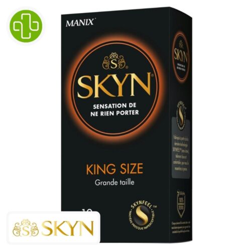 Produit de la marque manix skyn king size préservatifs grande taille - 10 unités sur un fond blanc avec un logo parachezvous et celui de de la marque skyn