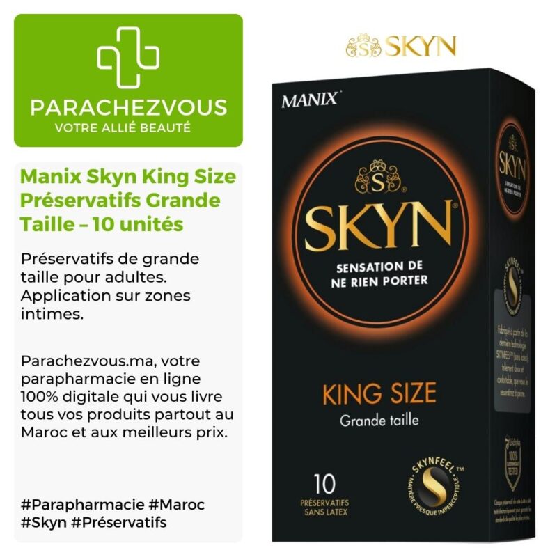 Produit de la marque manix skyn king size préservatifs grande taille - 10 unités sur un fond blanc, vert et gris avec un logo parachezvous et celui de la marque skyn ainsi qu'une description qui détail les informations du produit