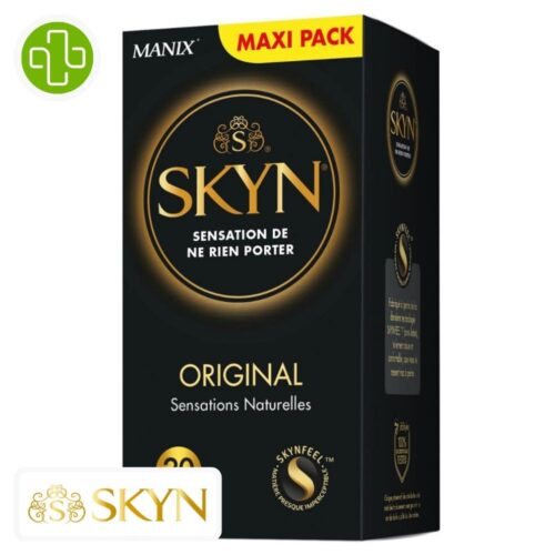 Produit de la marque Manix Skyn Original Préservatifs Sensations Naturelles - 20 unités sur un fond blanc avec un logo Parachezvous et celui de de la marque Skyn