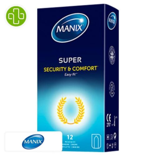 Produit de la marque Manix Super Préservatifs Sécurité & Confort Easy-Fit - 12 unités sur un fond blanc avec un logo Parachezvous et celui de de la marque Manix