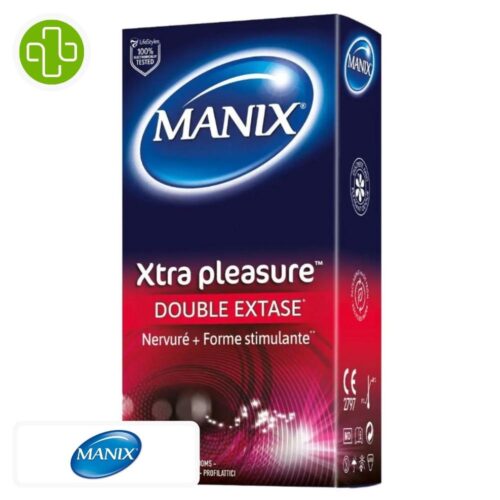 Produit de la marque Manix Xtra Pleasure Préservatifs Nervurés Forme Stimulante Double Extase - 12 unités sur un fond blanc avec un logo Parachezvous et celui de de la marque Manix