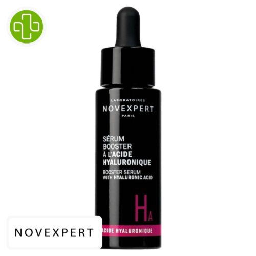 Produit de la marque Novexpert Ha Sérum Booster Acide Hyaluronique Ultra-Hydratant Repulpant Anti-Âge - 30ml sur un fond blanc avec un logo Parachezvous et celui de de la marque Novexpert