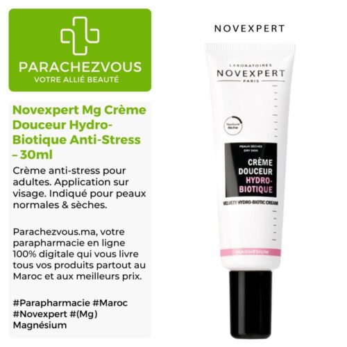 Produit de la marque Novexpert Mg Crème Douceur Hydro-Biotique Anti-Stress - 30ml sur un fond blanc, vert et gris avec un logo Parachezvous et celui de la marque Novexpert ainsi qu'une description qui détail les informations du produit