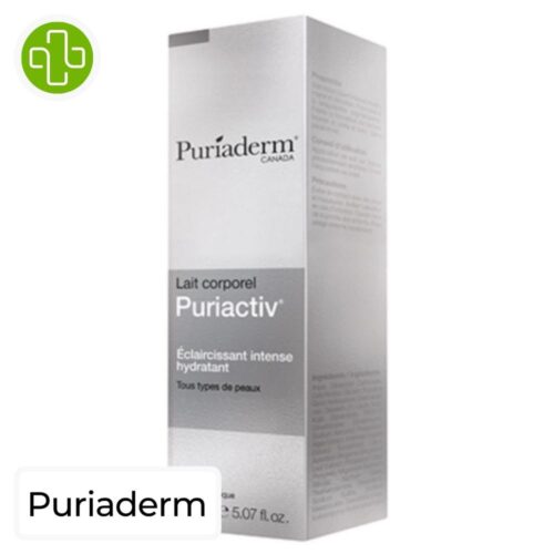 Produit de la marque Puriaderm Puriactiv Lait Corporel Éclaircissant Intense Hydratant - 150ml sur un fond blanc avec un logo Parachezvous et celui de de la marque Puriaderm