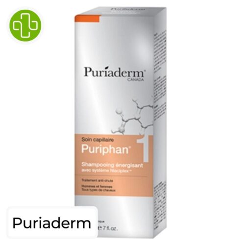 Produit de la marque Puriaderm Puriphan 1 Shampooing Énergisant - 200ml sur un fond blanc avec un logo Parachezvous et celui de de la marque Puriaderm