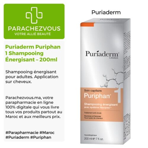 Produit de la marque Puriaderm Puriphan 1 Shampooing Énergisant - 200ml sur un fond blanc, vert et gris avec un logo Parachezvous et celui de la marque Puriaderm ainsi qu'une description qui détail les informations du produit