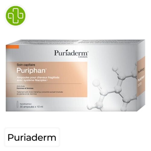 Produit de la marque Puriaderm Puriphan Cheveux Fragilisés - 30 ampoules sur un fond blanc avec un logo Parachezvous et celui de de la marque Puriaderm