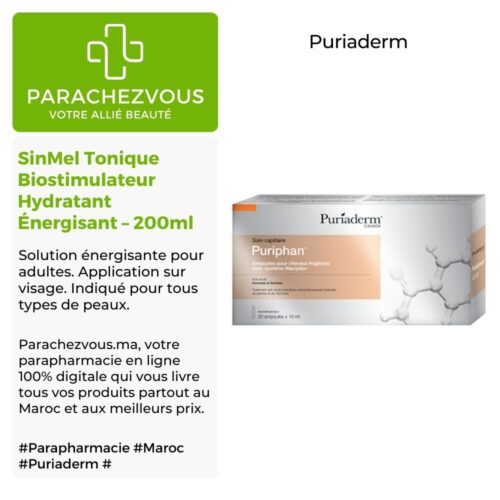 Produit de la marque Puriaderm Puriphan Cheveux Fragilisés - 30 ampoules sur un fond blanc, vert et gris avec un logo Parachezvous et celui de la marque Puriaderm ainsi qu'une description qui détail les informations du produit