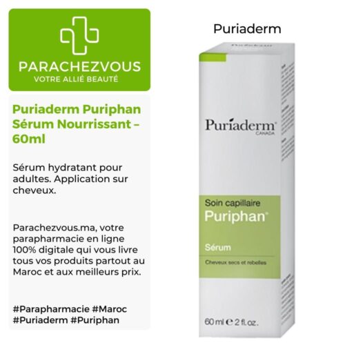 Produit de la marque Puriaderm Puriphan Sérum Nourrissant - 60ml sur un fond blanc, vert et gris avec un logo Parachezvous et celui de la marque Puriaderm ainsi qu'une description qui détail les informations du produit