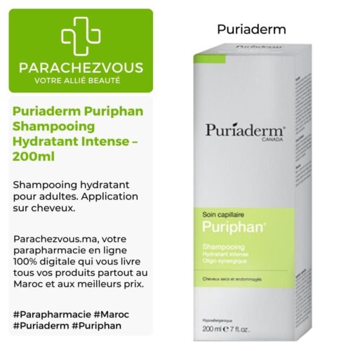 Produit de la marque Puriaderm Puriphan Shampooing Hydratant Intense - 200ml sur un fond blanc, vert et gris avec un logo Parachezvous et celui de la marque Puriaderm ainsi qu'une description qui détail les informations du produit