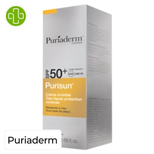 Produit de la marque Puriaderm Purisun Crème Solaire Invisible Spf50 - 50ml sur un fond blanc avec un logo Parachezvous et celui de de la marque Puriaderm