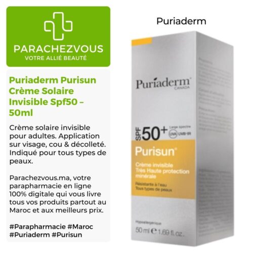 Produit de la marque Puriaderm Purisun Crème Solaire Invisible Spf50 - 50ml sur un fond blanc, vert et gris avec un logo Parachezvous et celui de la marque Puriaderm ainsi qu'une description qui détail les informations du produit