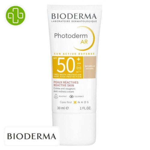 Produit de la marque Bioderma Photoderm AR Crème Solaire Teintée Anti-Rougeurs Spf50 - 30ml sur un fond blanc avec un logo Parachezvous et celui de de la marque Bioderma