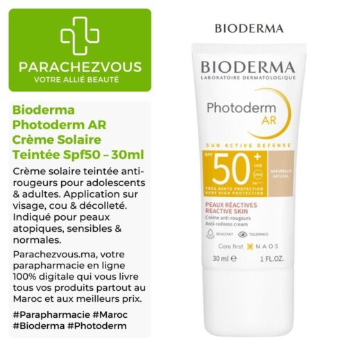 Produit de la marque Bioderma Photoderm AR Crème Solaire Teintée Anti-Rougeurs Spf50 - 30ml sur un fond blanc, vert et gris avec un logo Parachezvous et celui de la marque Bioderma ainsi qu'une description qui détail les informations du produit