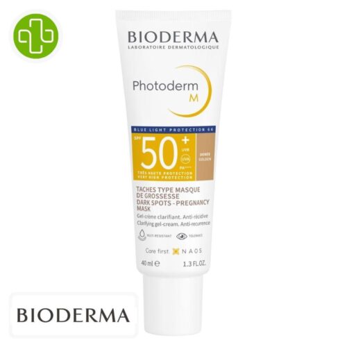 Produit de la marque Bioderma Photoderm M Gel-Crème Solaire Anti-Taches Clarifiante Teintée Dorée Spf50 - 40ml sur un fond blanc avec un logo Parachezvous et celui de de la marque Bioderma