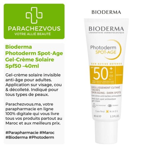 Produit de la marque Bioderma Photoderm Spot-Age Gel-Crème Solaire Anti-Âge Inivisble Spf50 - 40ml sur un fond blanc, vert et gris avec un logo Parachezvous et celui de la marque Bioderma ainsi qu'une description qui détail les informations du produit