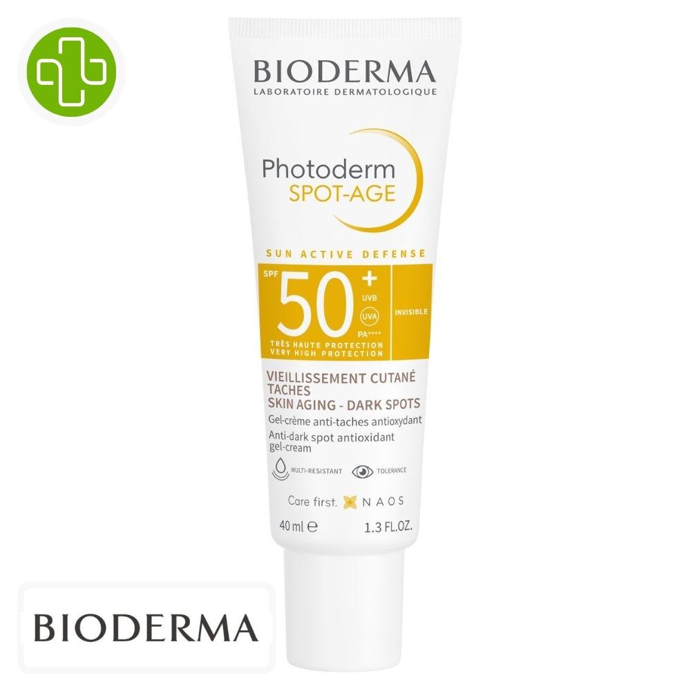 Produit de la marque Bioderma Photoderm Spot-Age Gel-Crème Solaire Anti-Âge Inivisble Spf50 - 40ml sur un fond blanc avec un logo Parachezvous et celui de de la marque Bioderma