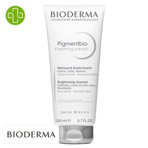 Produit de la marque Bioderma Pigmentbio Foaming Cream Nettoyant Éclaircissant - 200ml sur un fond blanc avec un logo Parachezvous et celui de de la marque Bioderma