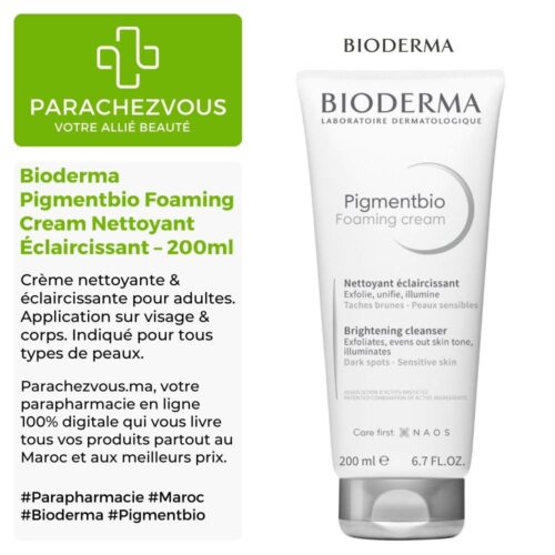 Produit de la marque Bioderma Pigmentbio Foaming Cream Nettoyant Éclaircissant - 200ml sur un fond blanc, vert et gris avec un logo Parachezvous et celui de la marque Bioderma ainsi qu'une description qui détail les informations du produit