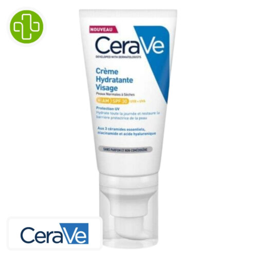 Produit de la marque CeraVe Crème Hydratante Visage Spf25 Peaux Normales à Sèches - 52ml sur un fond blanc avec un logo Parachezvous et celui de de la marque CeraVe