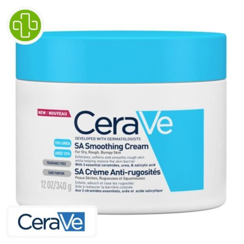 Produit de la marque CeraVe SA Crème Anti-Rugosités Peaux Sèches, Rugueuses & Squameuses - 340g sur un fond blanc avec un logo Parachezvous et celui de de la marque CeraVe