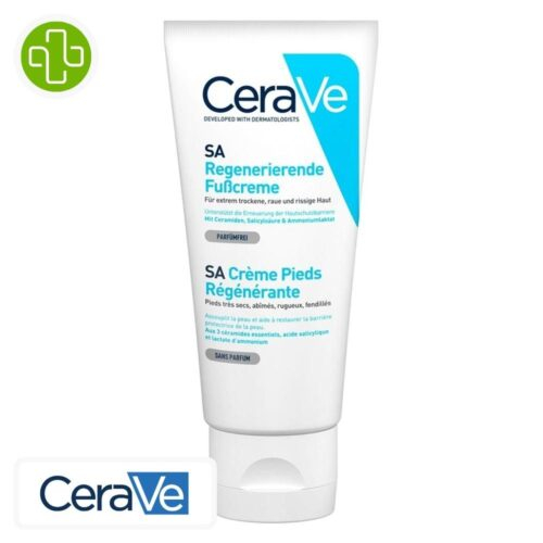Produit de la marque CeraVe SA Crème Pieds Régénérante - 88ml sur un fond blanc avec un logo Parachezvous et celui de de la marque CeraVe