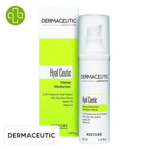 Produit de la marque Dermaceutic Hyal Ceutic Crème Hydratante Intense - 40ml sur un fond blanc avec un logo Parachezvous et celui de de la marque Dermaceutic