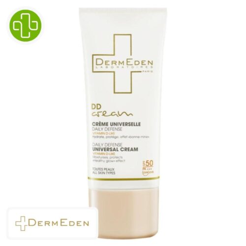 Produit de la marque Dermeden DD Crème Universelle Hydratante Teintée Spf50 - 50ml sur un fond blanc avec un logo Parachezvous celui de de la marque Dermeden