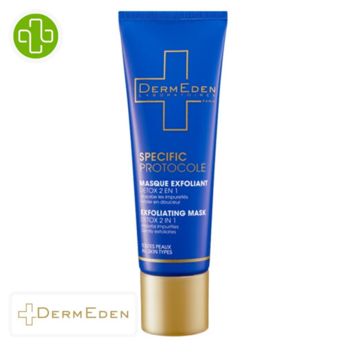 Produit de la marque Dermeden Masque Exfoliant Antioxydant Détox 2en1 - 50ml sur un fond blanc avec un logo Parachezvous celui de de la marque Dermeden