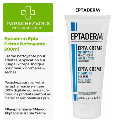 Produit de la marque Eptaderm Epta Crème Nettoyante - 200ml sur un fond blanc, vert et gris avec un logo Parachezvous et celui de la marque Eptaderm ainsi qu'une description qui détail les informations du produit