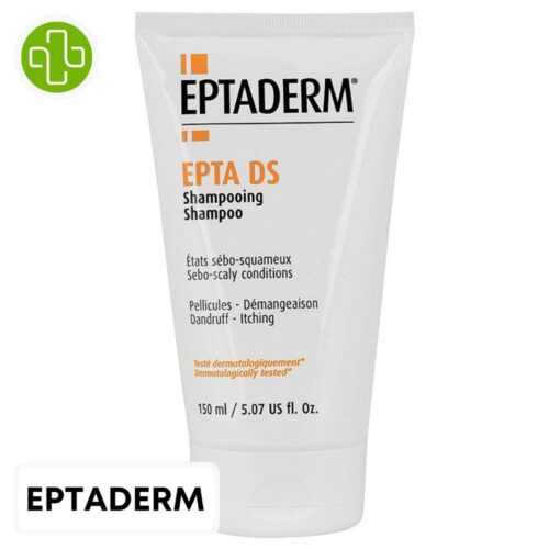Produit de la marque Eptaderm Epta DS Shampooing États Sébo-Squameux - 150ml sur un fond blanc avec un logo Parachezvous et celui de de la marque Eptaderm