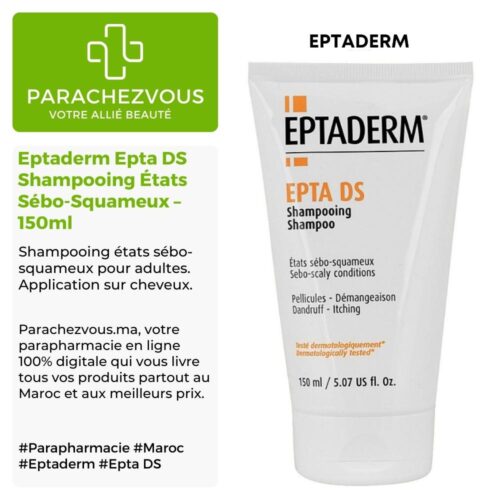 Produit de la marque Eptaderm Epta DS Shampooing États Sébo-Squameux - 150ml sur un fond blanc, vert et gris avec un logo Parachezvous et celui de la marque Eptaderm ainsi qu'une description qui détail les informations du produit